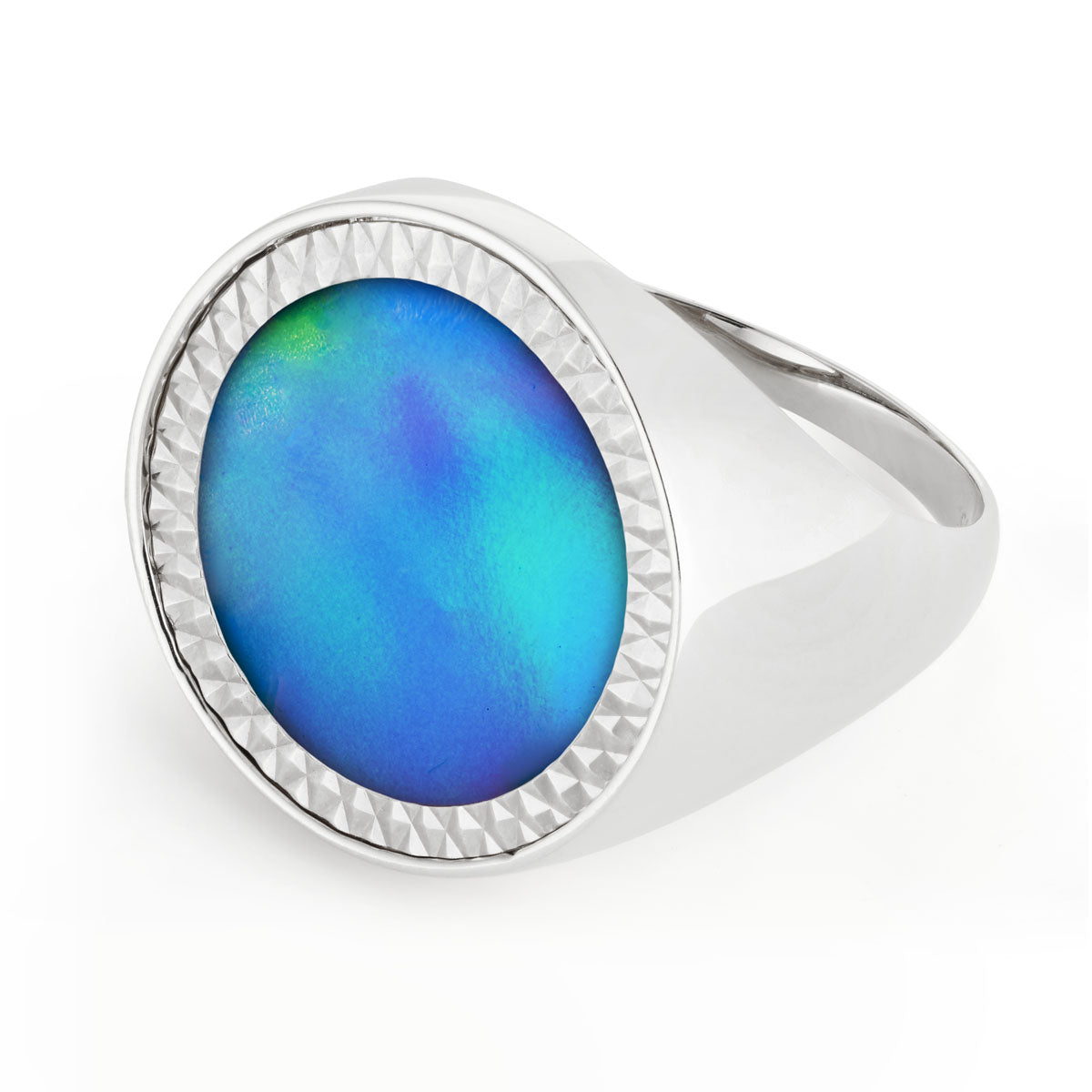 Johnny Hoxton Paradise Girl™ lab opal set in Sterling Silver Sovereign Ring